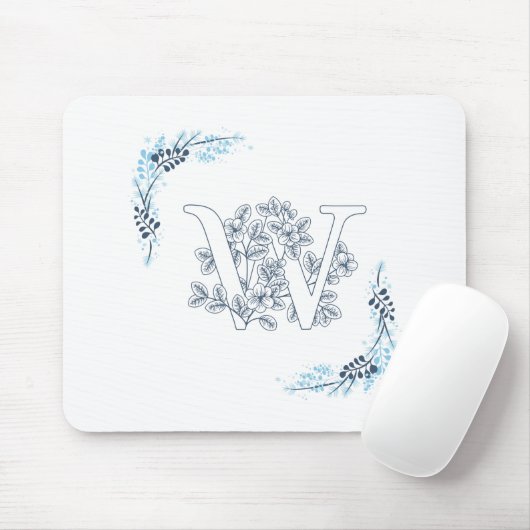 Initiaal "W" Blauw Monogram Kalme Bloemen Muismat (Met muis)