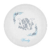 Initiaal "W" Blauw Monogram Kalme Bloemen Snijplank (Voorkant)