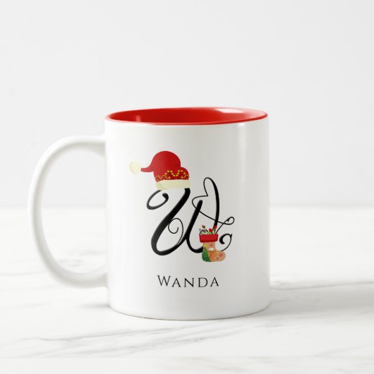 Initiaal W Monogram Elegant Modern Script Kerst Tweekleurige Koffiemok (Links)