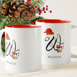 Initiaal W Monogram Elegant Modern Script Kerst Tweekleurige Koffiemok