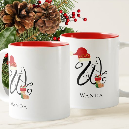 Initiaal W Monogram Elegant Modern Script Kerst Tweekleurige Koffiemok
