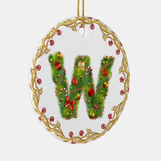 initiaal W monogrammed kerstversiering - cirkel Keramisch Ornament (Rechts)