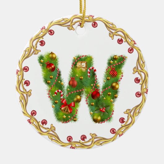 initiaal W monogrammed kerstversiering - cirkel Keramisch Ornament (Voorkant)
