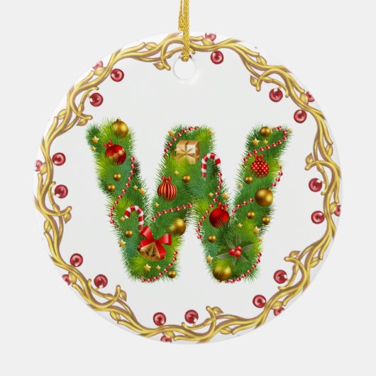 initiaal W monogrammed kerstversiering - cirkel Keramisch Ornament (Achterkant)