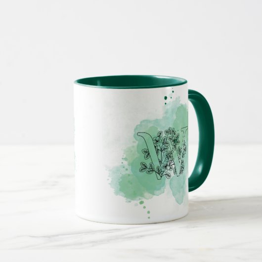 Initiaal W Waterverf Monogram Groen Botanisch Mok (Voorkant rechts)