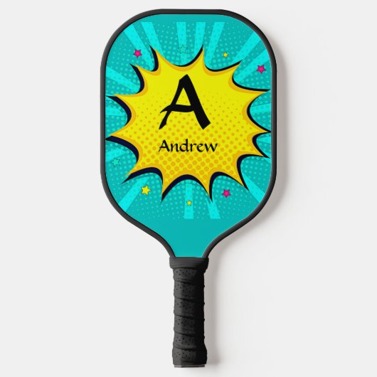 Initiaal wijzigen, naam toevoegen, Pop Art Aqua Bl Pickleball Paddle (Voorkant)