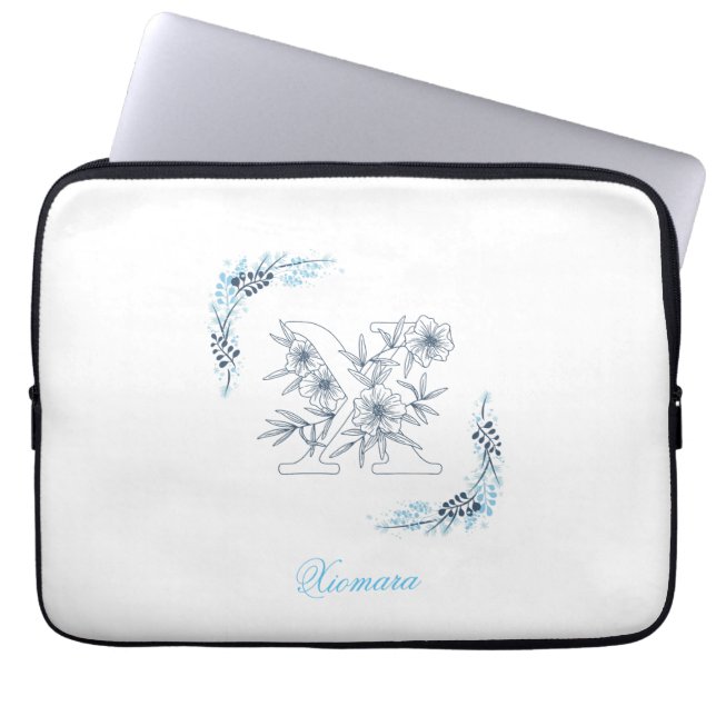Initiaal "X" Blauw Monogram Kalm Bloemen Laptop Sleeve (Voorkant)