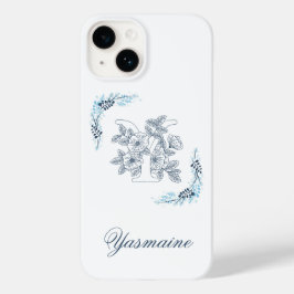 Initiaal "Y" Blauw Monogram Kalm Bloemen Case-Mate iPhone 14 Hoesje
