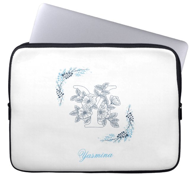 Initiaal "Y" Blauw Monogram Kalm Bloemen Laptop Sleeve (Voorkant)