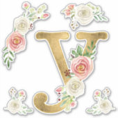 Initiaal Y Gold Blush Peony Roos Bloemen Waterverf Sticker (Voorkant)