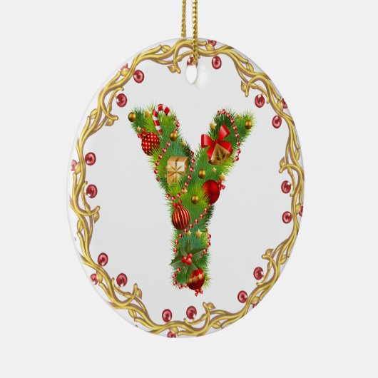 initiaal Y monogrammed kerstversiering - cirkel Keramisch Ornament (Rechts)