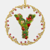 initiaal Y monogrammed kerstversiering - cirkel Keramisch Ornament (Voorkant)