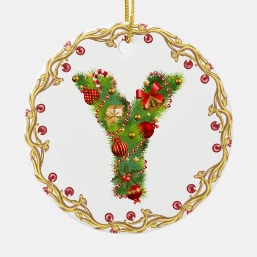 initiaal Y monogrammed kerstversiering - cirkel Keramisch Ornament (Voorkant)