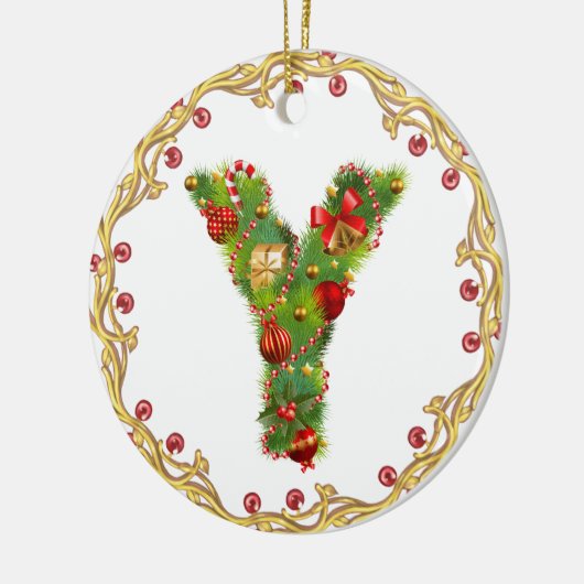 initiaal Y monogrammed kerstversiering - cirkel Keramisch Ornament (Links)
