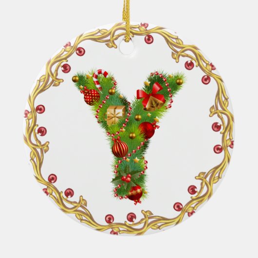 initiaal Y monogrammed kerstversiering - cirkel Keramisch Ornament (Achterkant)