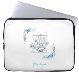 Initiaal "Z" Blauw Monogram Kalm Bloemen Laptop Sleeve