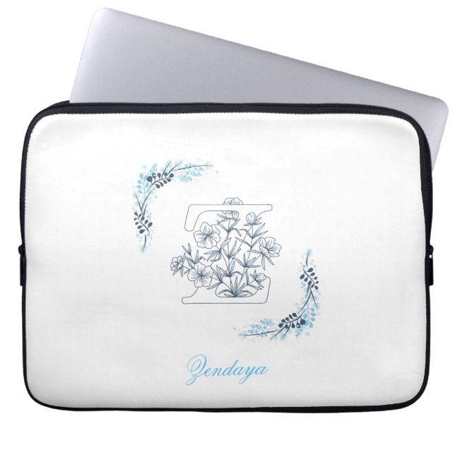 Initiaal "Z" Blauw Monogram Kalm Bloemen Laptop Sleeve (Voorkant)