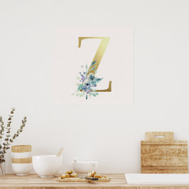 Initiaal Z Golden en Blue Floral Monogram Poster
