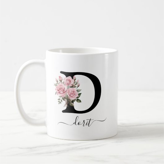 Initial D Roze Rozen Bloem Bloemen Monogram Naam Koffiemok (Links)