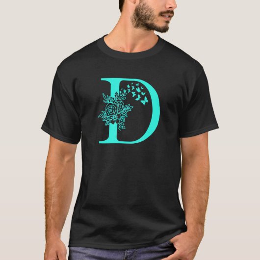 Initial D with Flowers and Butterflies Teal T-shirt (Voorkant)