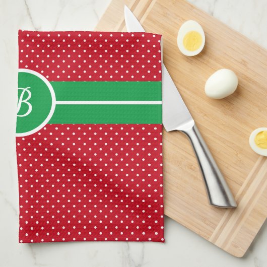 Initial, Green Red White Swiss Dot Kitchen Towel Theedoek (Quarter Fold)