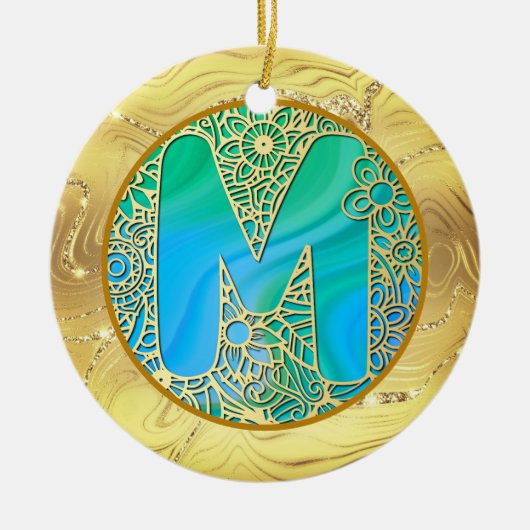  Initial Monogram M Christmas - Gold, Teal & Blue Keramisch Ornament (Voorkant)