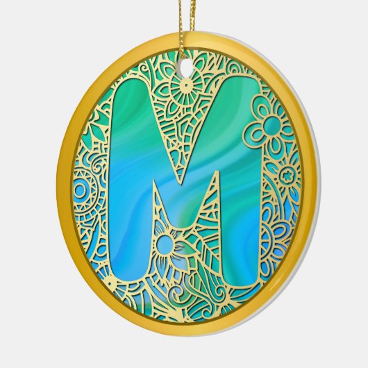 Initial Monogram M Christmas - Gold, Teal & Blue Keramisch Ornament (Links)