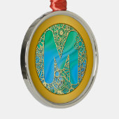  Initial Monogram M Christmas - Gold , Teal & Blue Metalen Ornament (Rechts)