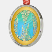 Initial Monogram M Christmas - Gold , Teal & Blue Metalen Ornament (Links)