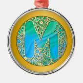  Initial Monogram M Christmas - Gold , Teal & Blue Metalen Ornament (Voorkant)