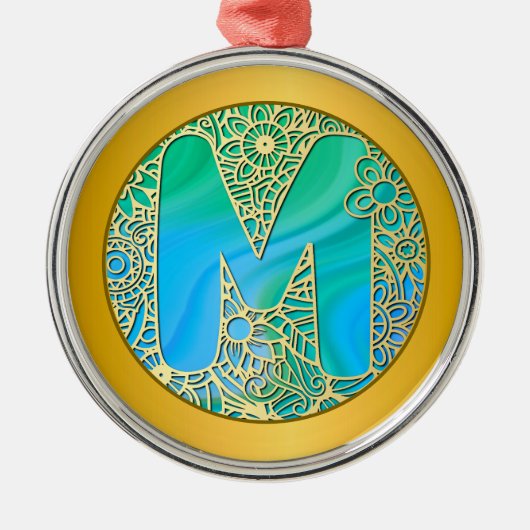  Initial Monogram M Christmas - Gold , Teal & Blue Metalen Ornament (Voorkant)
