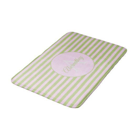 Initial Monogram & Name Pastel Pink Green Striped Badmat (Gekanteld)