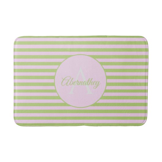 Initial Monogram & Name Pastel Pink Green Striped Badmat (Voorkant)