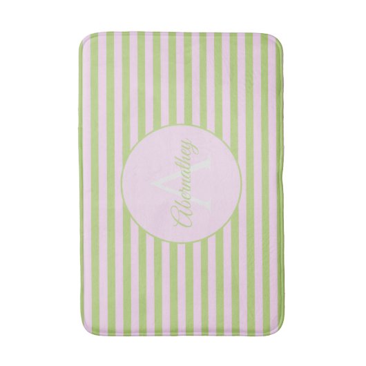 Initial Monogram & Name Pastel Pink Green Striped Badmat (Voorkant Verticaal)
