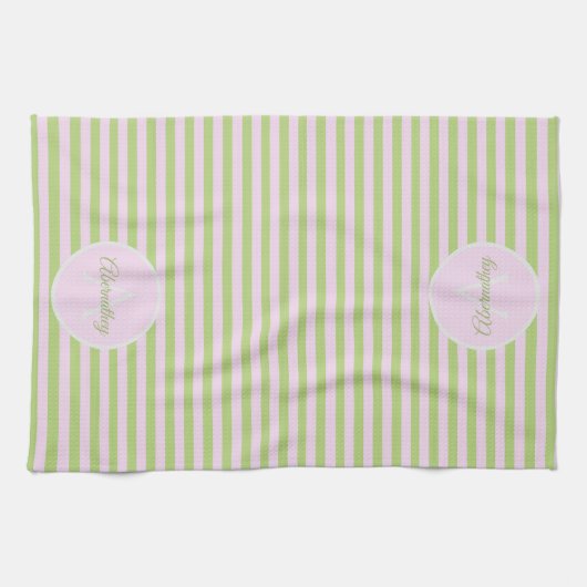 Initial Monogram & Name Pastel Pink Green Striped Theedoek (Horizontaal)