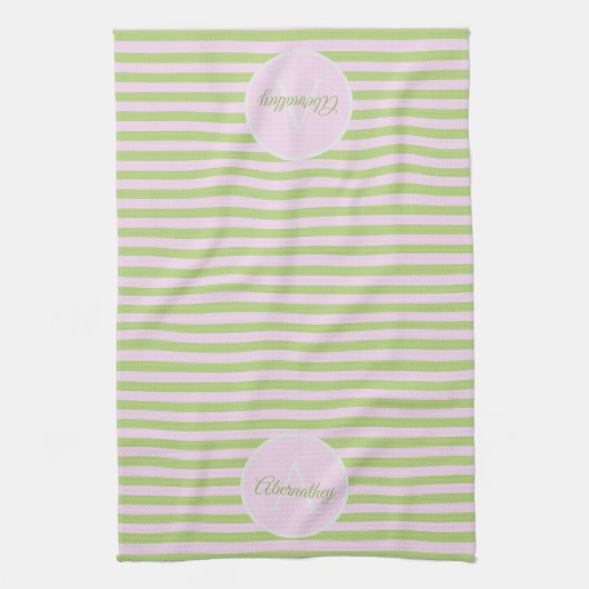 Initial Monogram & Name Pastel Pink Green Striped Theedoek (Verticaal)