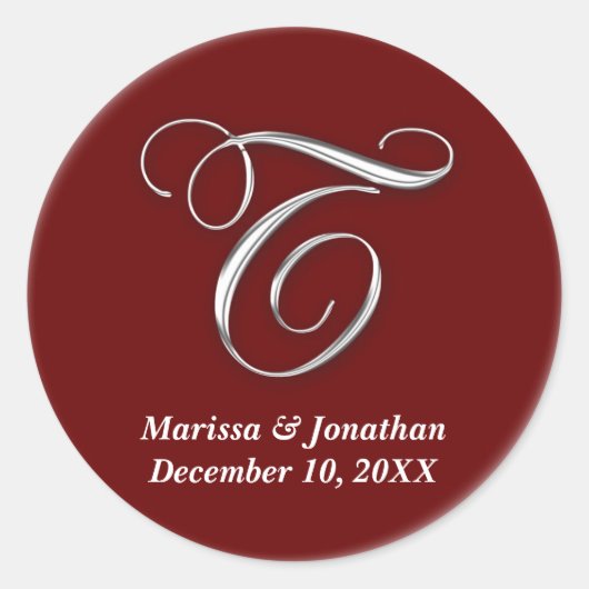 Initial T wine red monogram custom name favor seal Ronde Sticker (Voorkant)