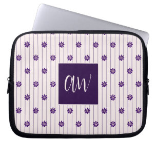 Initialen Blush & Violet Stripes Bloempatroon Laptop Sleeve