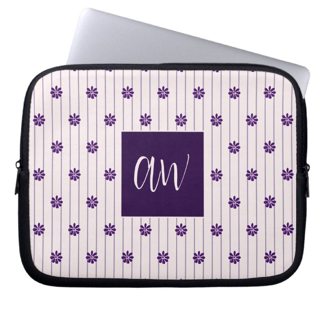 Initialen Blush & Violet Stripes Bloempatroon Laptop Sleeve (Voorkant)