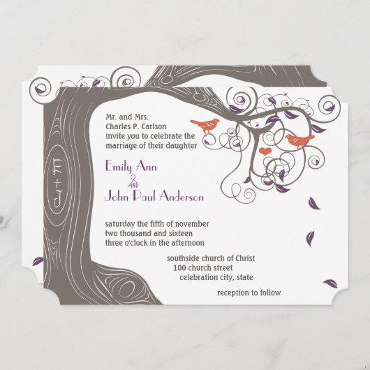 Initialen Boom Tangerine Bird Wedding Invitation Kaart (Voorkant / Achterkant)