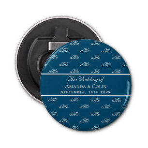 Initialen bruiloft met marinesolvenblauw witte mon button flesopener