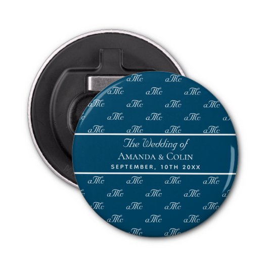 Initialen bruiloft met marinesolvenblauw witte mon button flesopener (Voorkant)