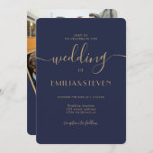 Initialen bruiloft met moderne navy blue script kaart (Voorkant / Achterkant)