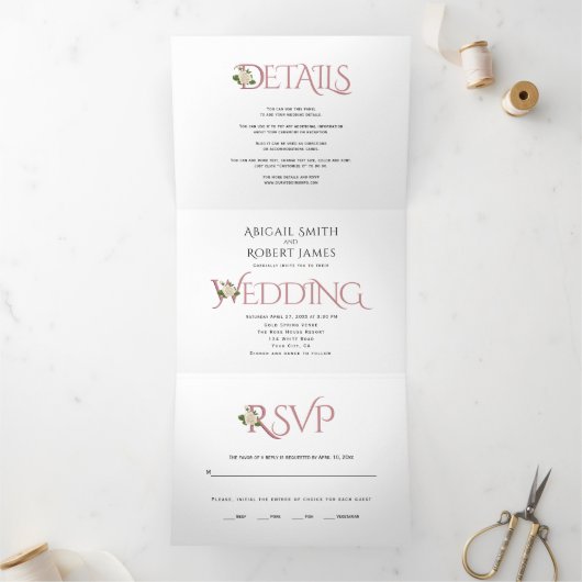 Initialen en ampersand van roos, met roos drieluik uitnodiging (Binnen)