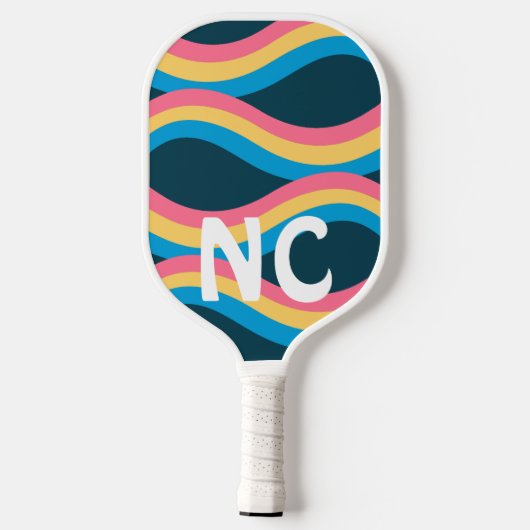 Initialen en Retro Golven in Roze Geel Blauw Pickleball Paddle (Achterkant)
