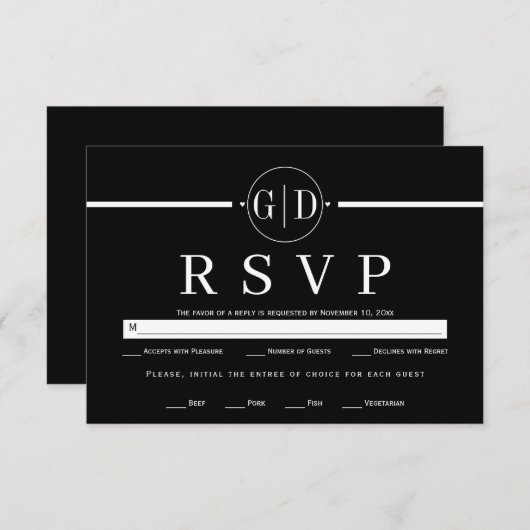Initialen en witte streep minimalistische bruiloft RSVP kaartje (Voorkant / Achterkant)