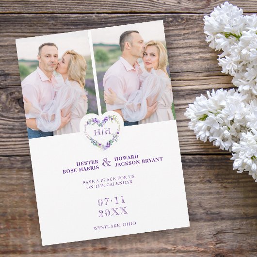 Initialen Floral Paars Heart 2 Foto's op wit Save The Date