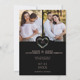 Initialen Floral Pink Heart 2 Foto's op zwart Save The Date