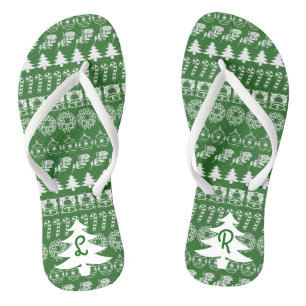 Initialen   Groen en wit Iconisch kerstpatroon Teenslippers