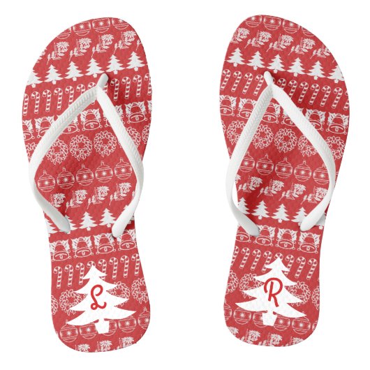 Initialen | Iconisch kerstpatroon met rood en wit Teenslippers (Voetbed)